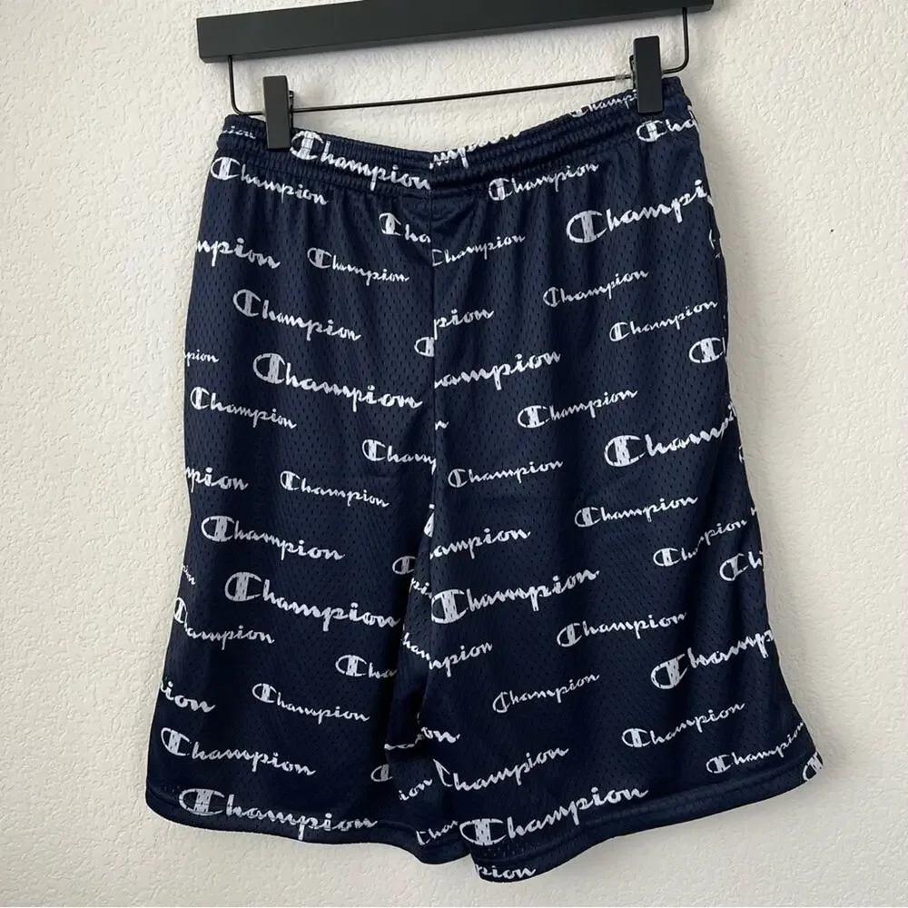 Champion Allover Logo Print Mesh Active Shorts Navy Blue White